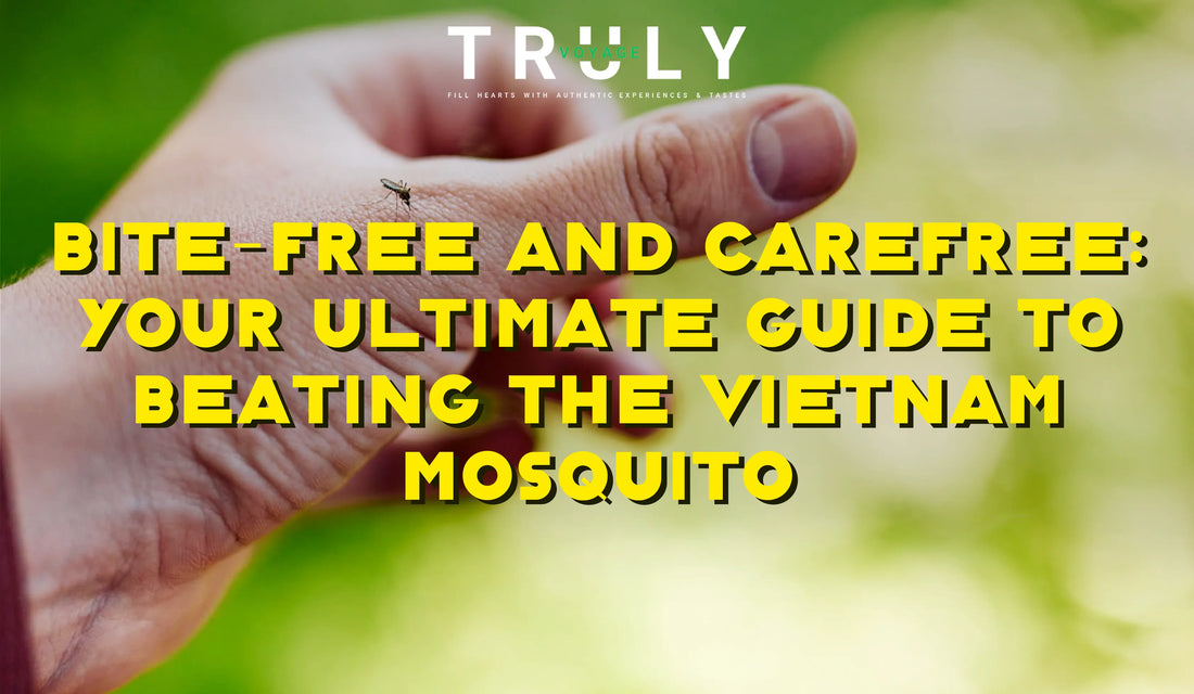 blog post graphic titled "Bite-Free and Carefree: Your Ultimate Guide to Beating the Vietnam Mosquito" showing a close-up of a mosquito landing on a person's hand against a green blurred background.