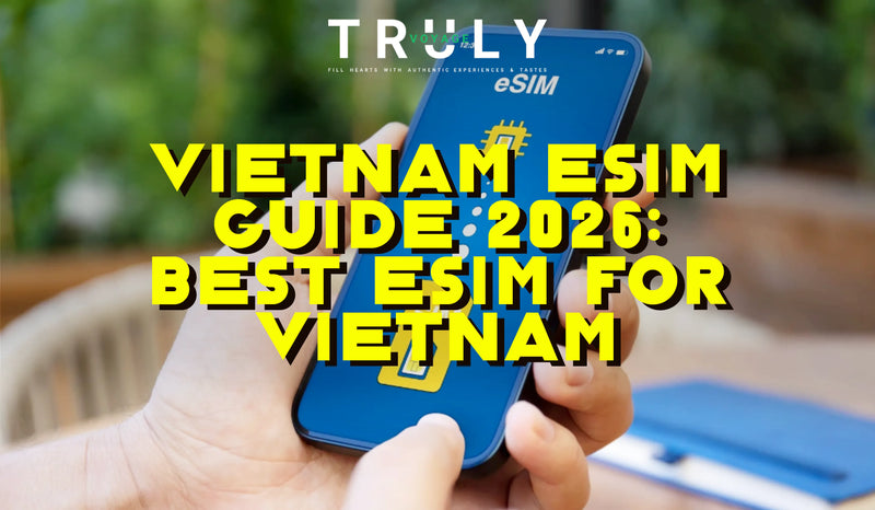 ruly Voyage blog post graphic titled "Vietnam eSIM Guide 2026: Best eSIM for Vietnam" showing hands holding a smartphone displaying an eSIM digital card interface.