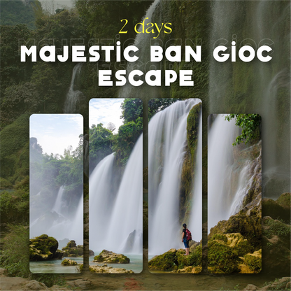 "A promotional tour banner titled Majestic Ban Gioc Escape showcasing a traveler looking up at the massive cascading waterfalls during a 2 days Ban Gioc waterfall tour."