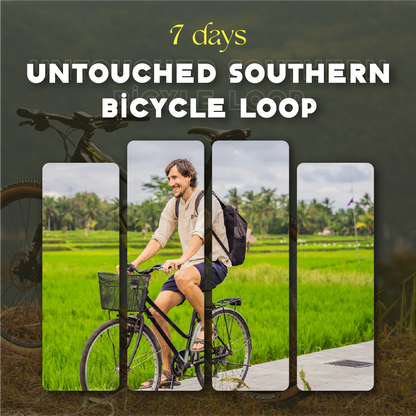 "A smiling man riding a bicycle past vibrant green rice paddies, serving as the cover image for a 7-day southern Vietnam bicycle tour."