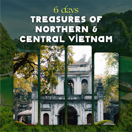 Graphic thumbnail for a travel package to Northern and Central Vietnam featuring Vietnam architectural structures and greenery.