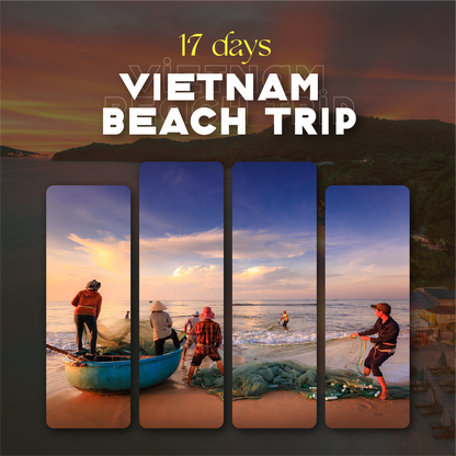 Promotional graphic for a Vietnam beach tour featuring people by the sea with sunset.