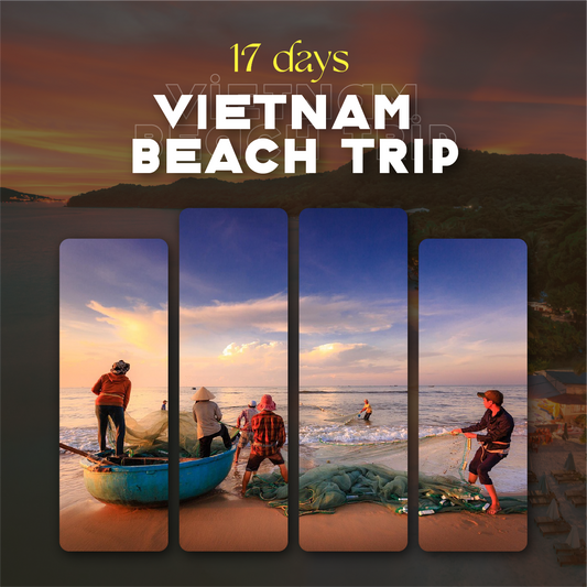 Promotional graphic for a Vietnam beach tour featuring people by the sea with sunset.