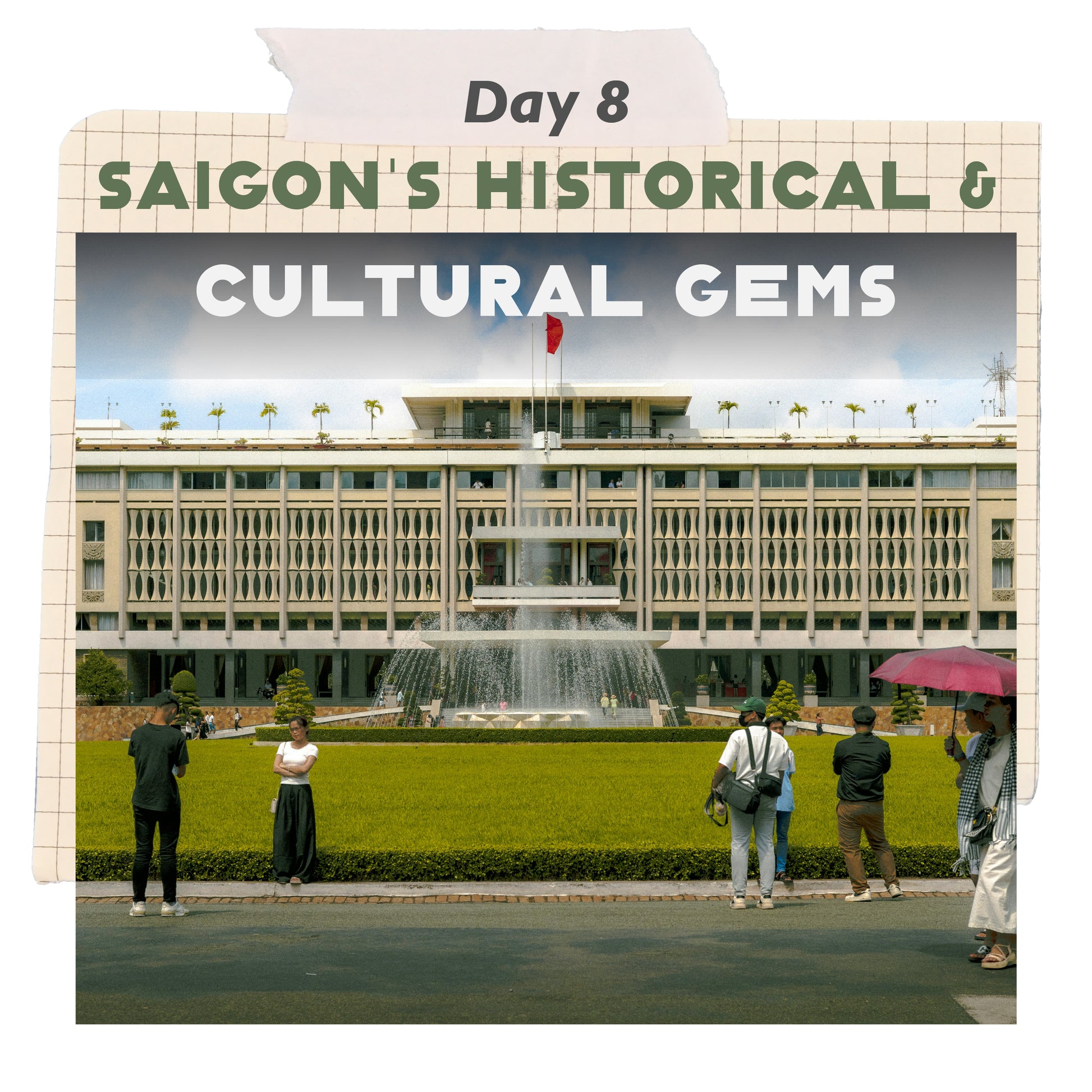 "The mid-century modern facade of the Independence Palace and its prominent lawn fountain in Ho Chi Minh City, a key landmark on a Vietnam heritage tour."