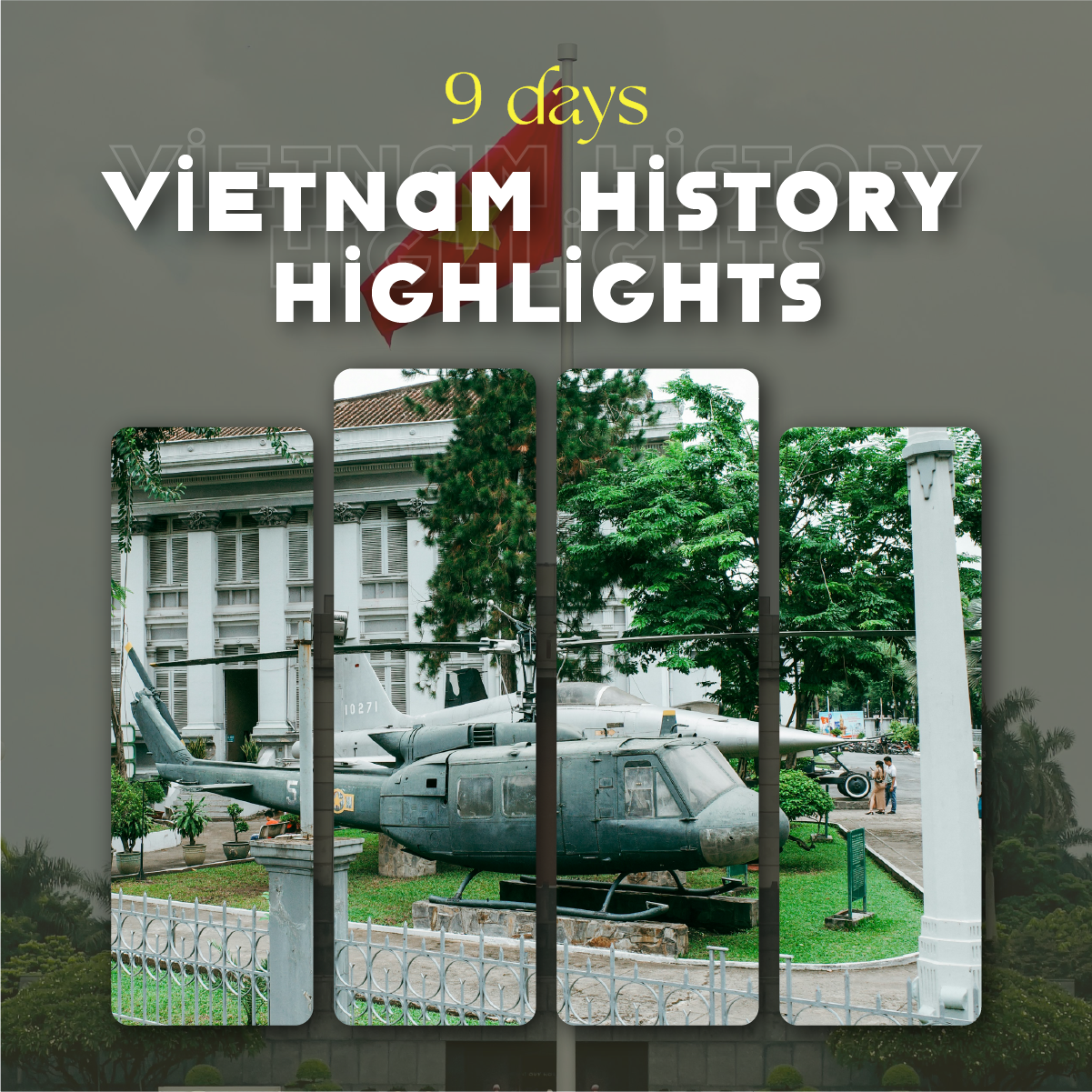 "Military helicopter and jet on display at a historic museum, part of a 9 days Vietnam history highlights itinerary on a Vietnam heritage tour."