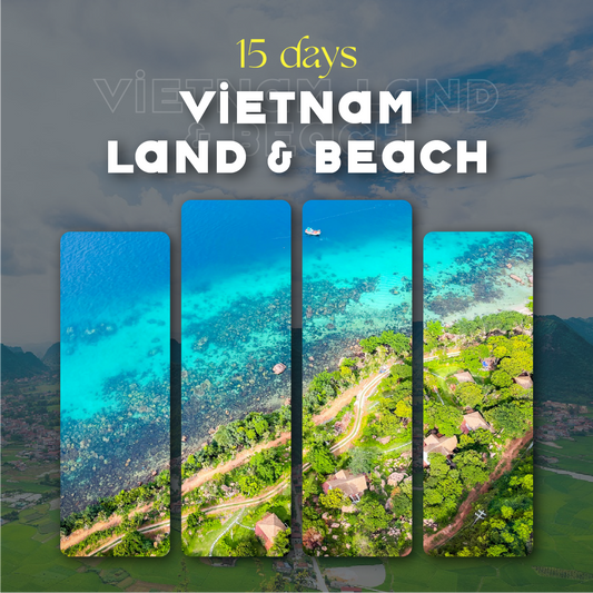 A 15-day promotional banner for a premium Vietnam beaches tour featuring a split aerial view of pristine turquoise waters and a luxury island resort.
