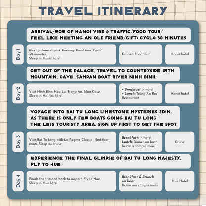 "The northern leg schedule of a 15-day Vietnam beaches tour, outlining city excursions in Hanoi, scenic Ninh Binh, and a cruise in Bai Tu Long Bay."
